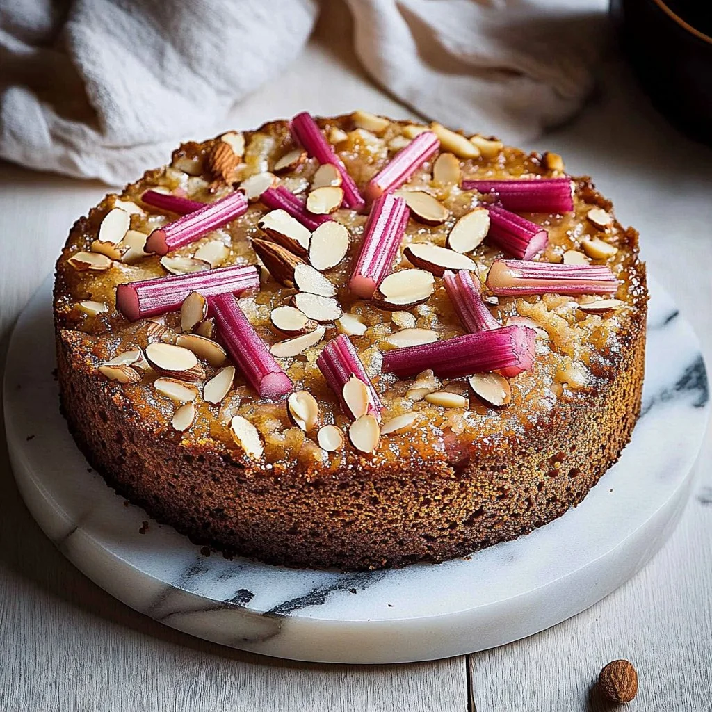 Almond Rhubarb Coffee Cake fresh out of the oven with a golden crust