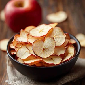 Crispy baked apple chips served in a bowl as a healthy snack