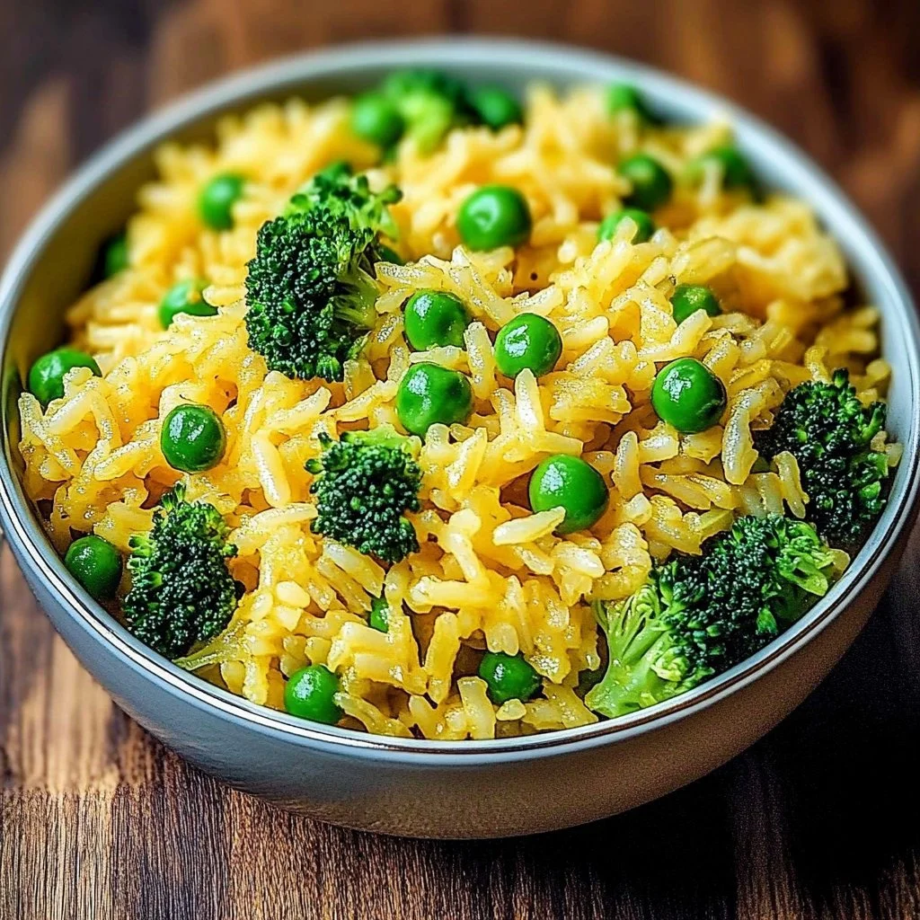 Creamy broccoli cheddar rice dish served in a bowl
