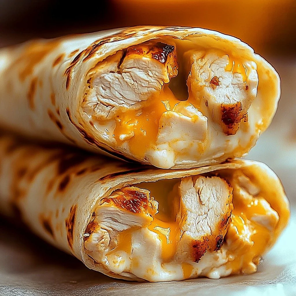 Cheesy garlic chicken wraps filled with tender chicken and melted cheese
