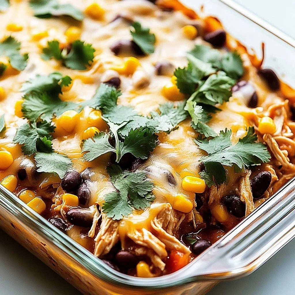 Delicious Chicken Burrito Casserole topped with cheese and fresh ingredients
