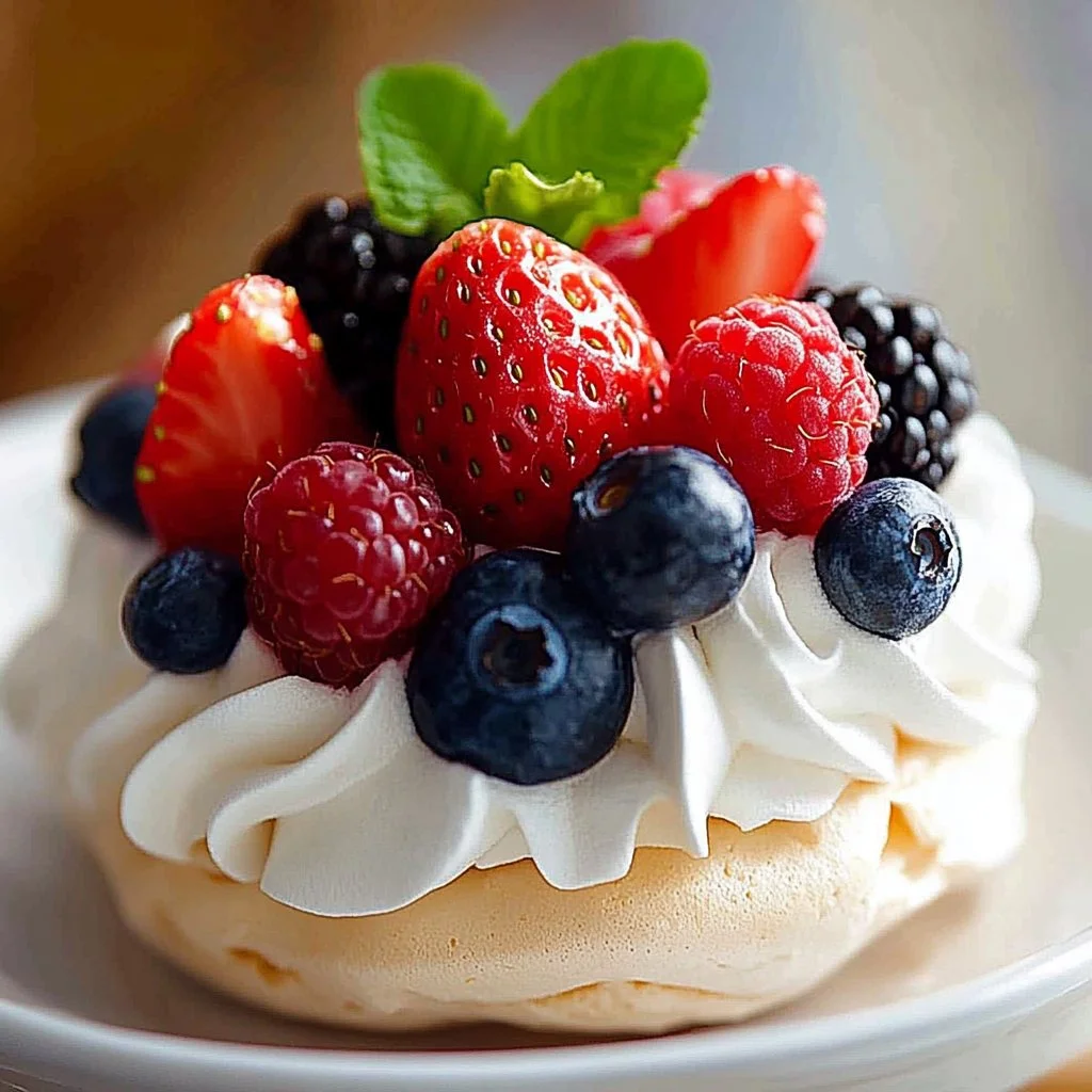A platter of decorated Christmas mini pavlovas topped with berries and cream.