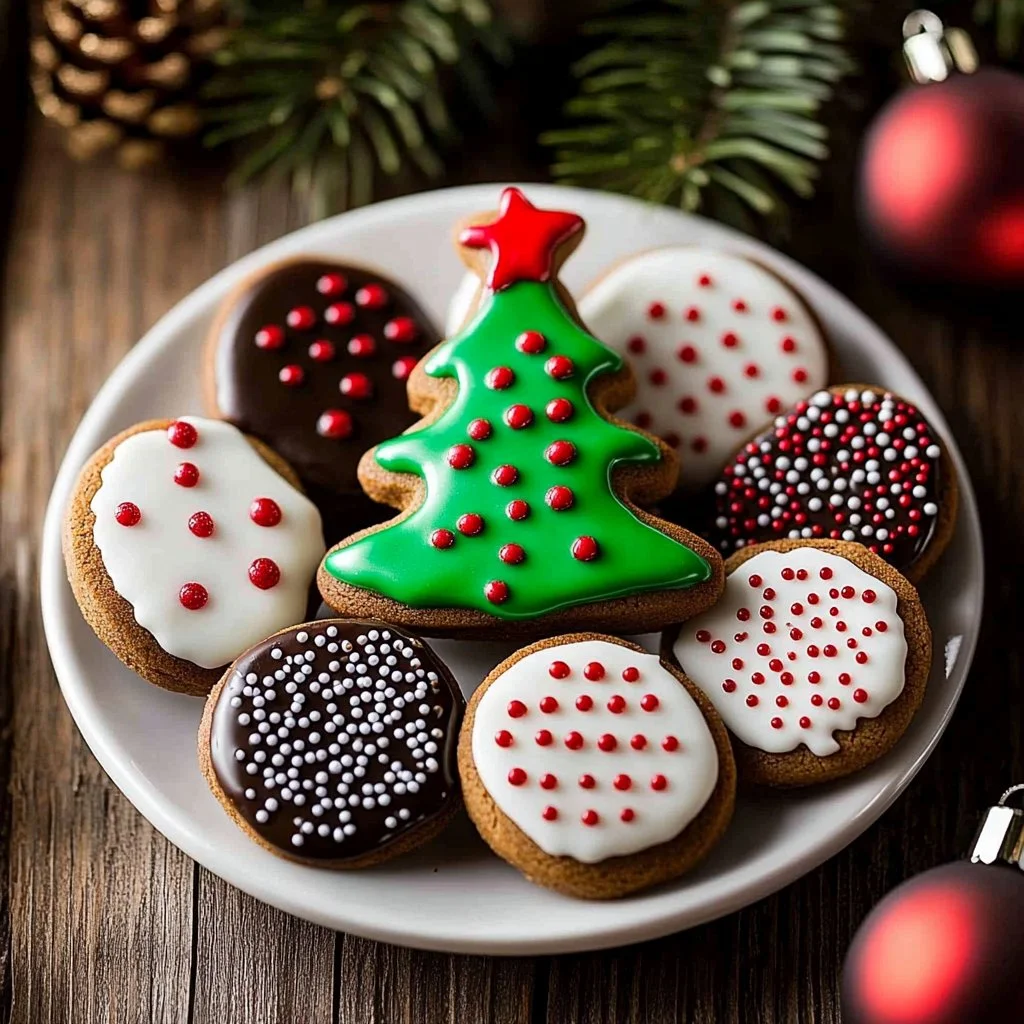 Cozy Christmas chocolate spritz cookies decorated with festive sprinkles