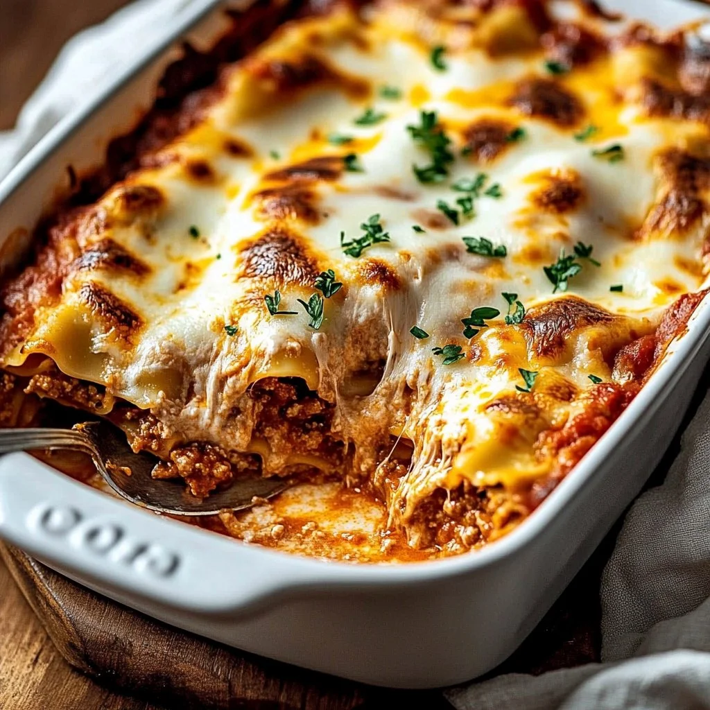 Baked ravioli topped with melted cheese in a baking dish