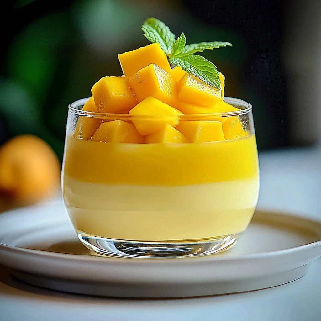 Delicious easy mango mousse dessert in a glass with tropical fruit garnish