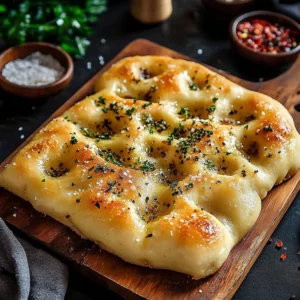 Freshly baked Garlic Parmesan Focaccia Bread topped with herbs and cheese