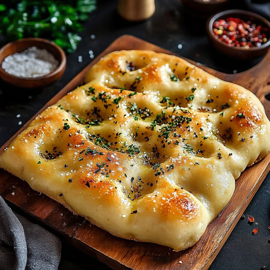 Freshly baked Garlic Parmesan Focaccia Bread topped with herbs and cheese
