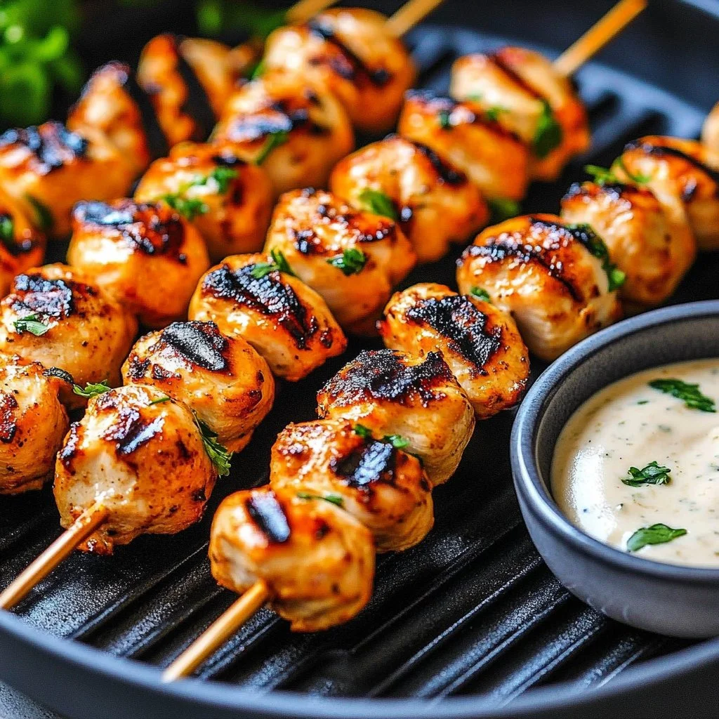 Grilled salmon skewers served with creamy dill yogurt sauce on a plate