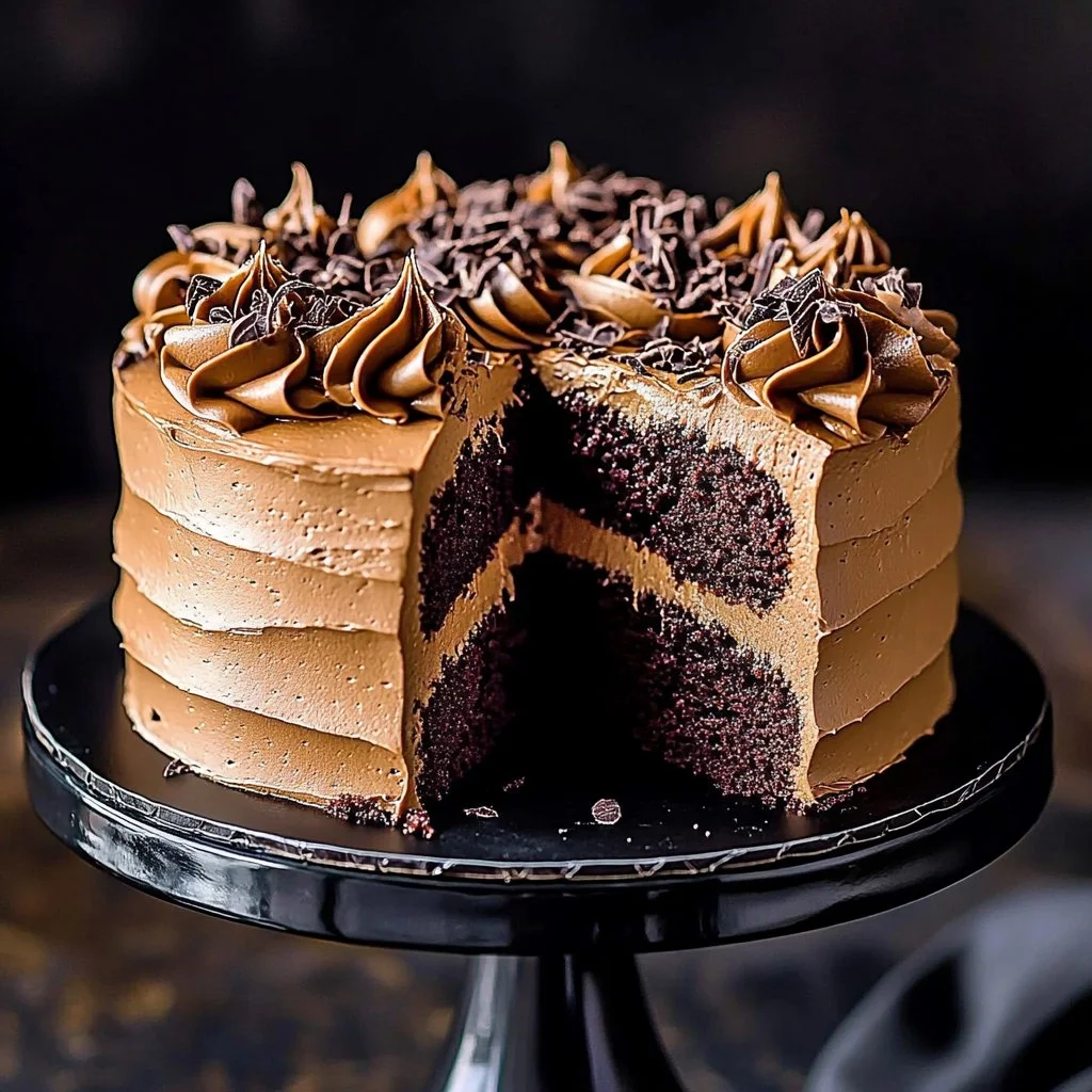 Slice of homemade German Chocolate Cake with layers of chocolate and coconut pecan frosting