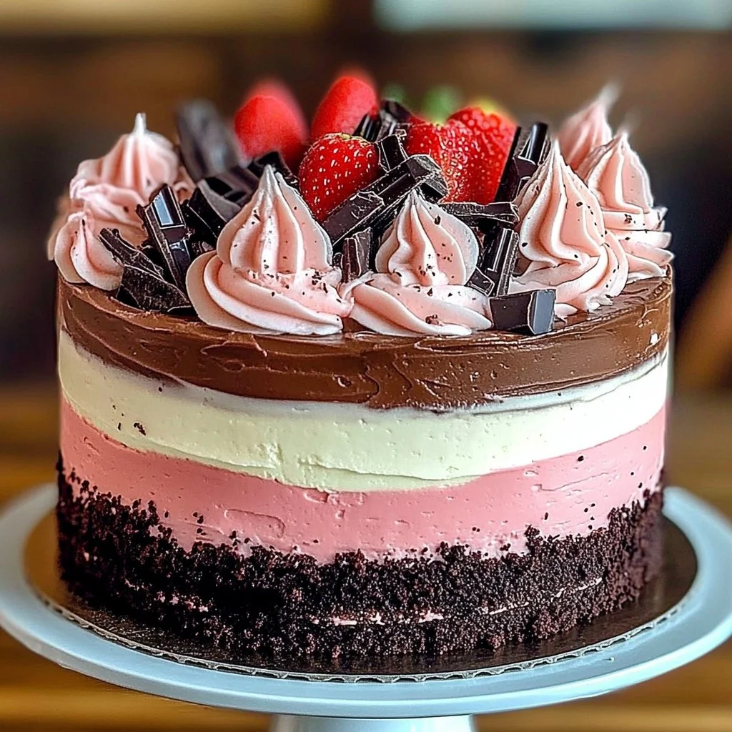 Slice of decadent Neapolitan cake with chocolate, vanilla, and strawberry layers.