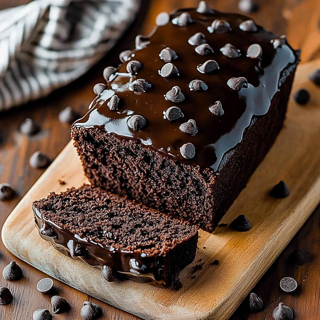 Moist chocolate zucchini bread slice with chocolate chips and zucchini