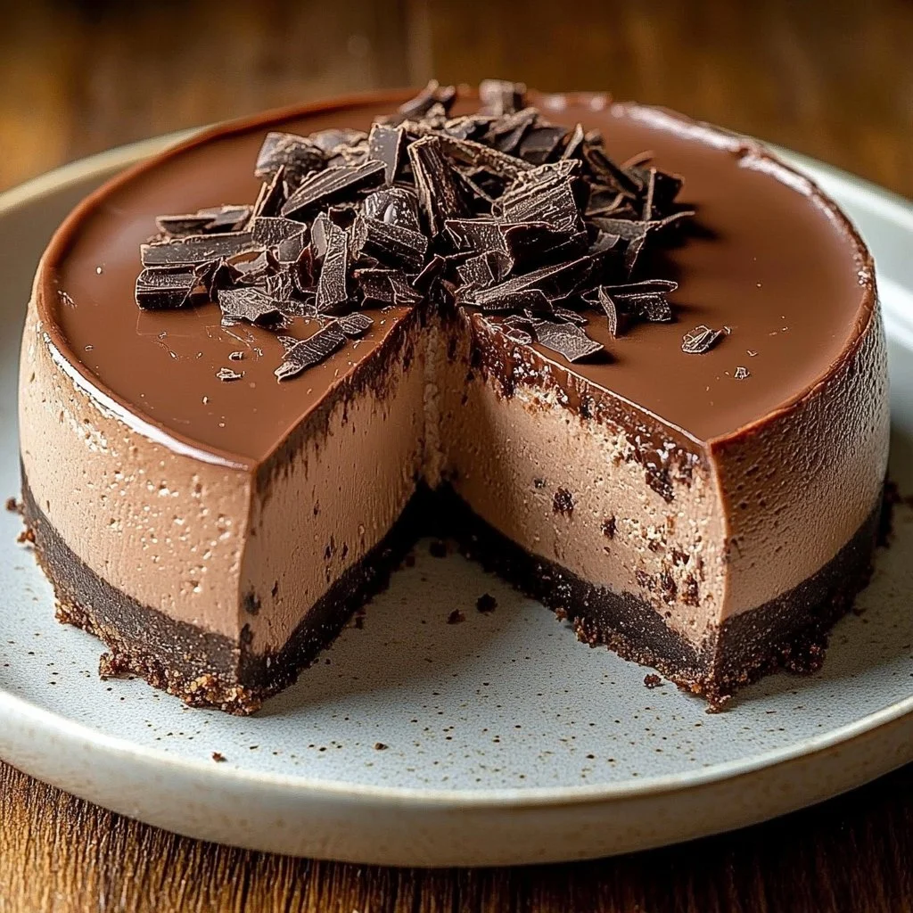 No bake Nutella cheesecake topped with chocolate and hazelnuts