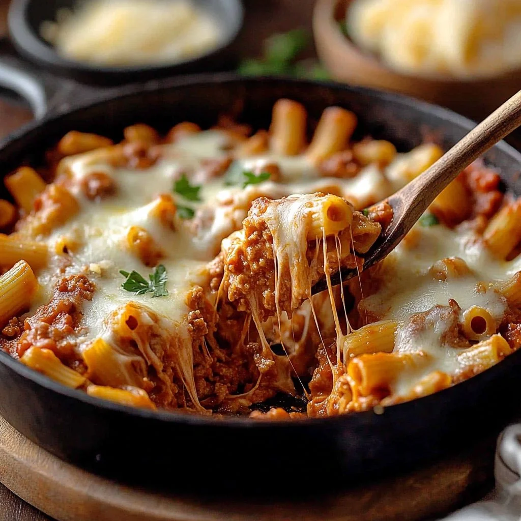 One-skillet lasagna with layers of cheese and sauce in a frying pan.