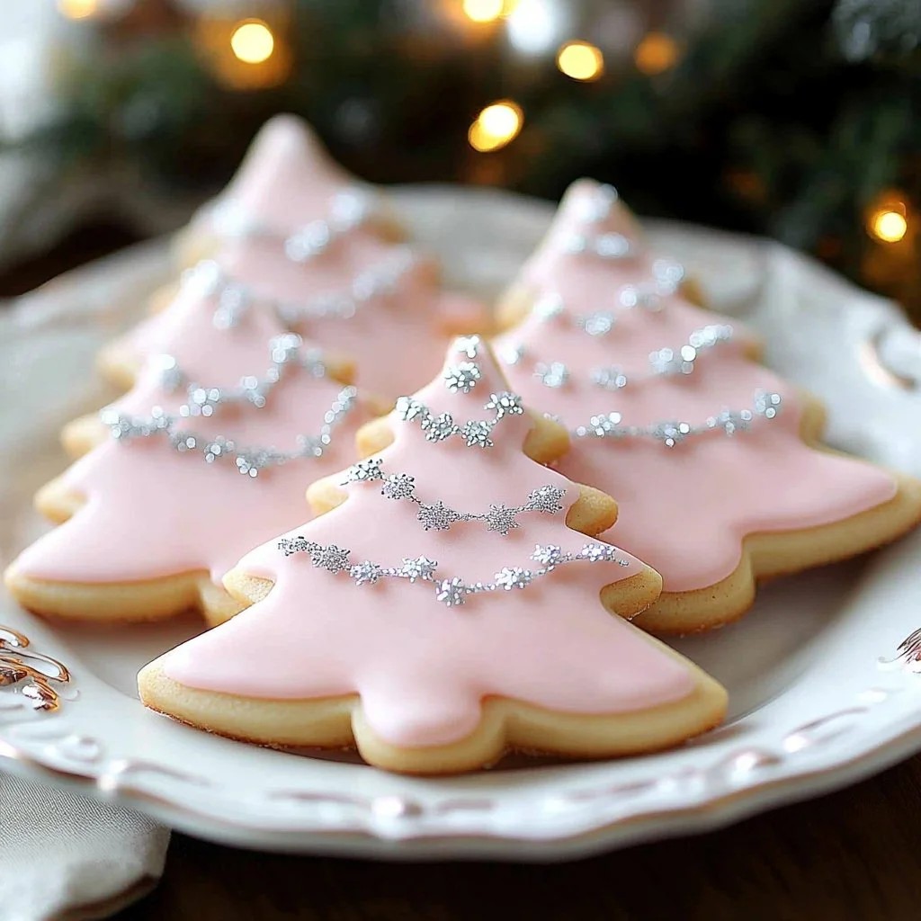 Pastel pink tree sugar cookies for Christmas celebrations.