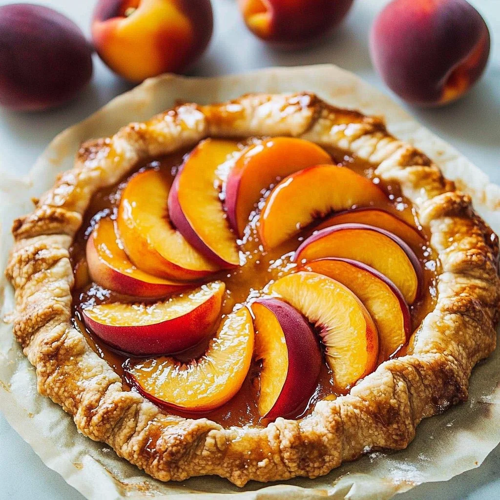 Homemade Peach Galette with fresh peaches on a rustic pastry crust