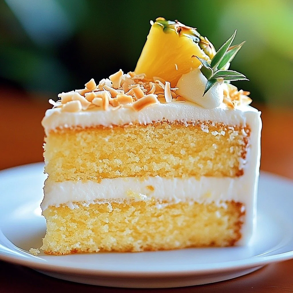 Slice of Pineapple Coconut Dream Cake with vibrant tropical decorations