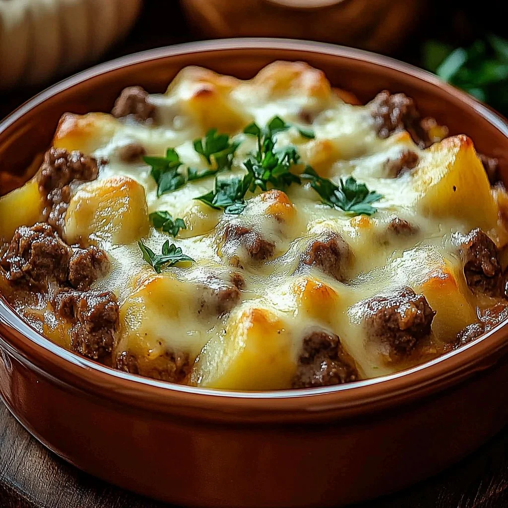 Delicious Slow Cooker Steak and Cheddar Potato Casserole ready to serve.