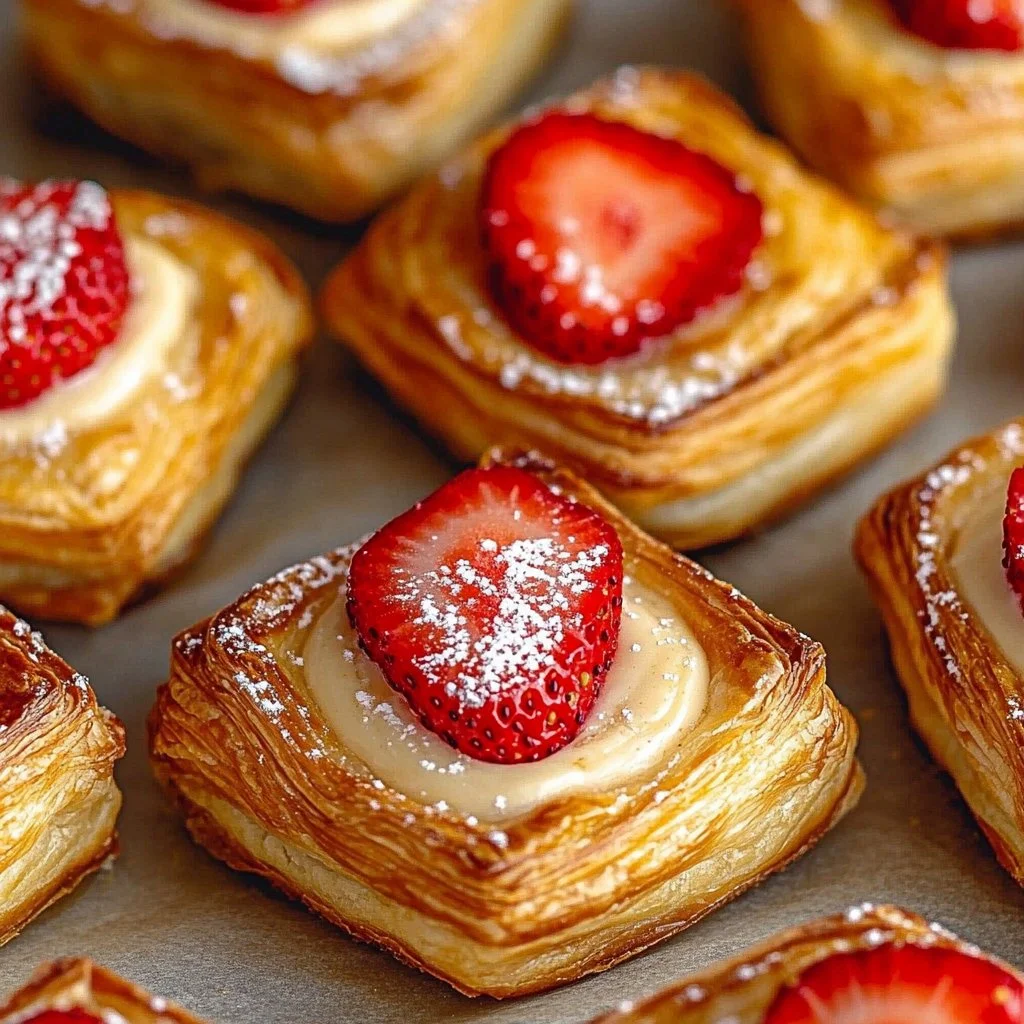 Freshly baked Strawberry Danish pastry with vibrant strawberry filling