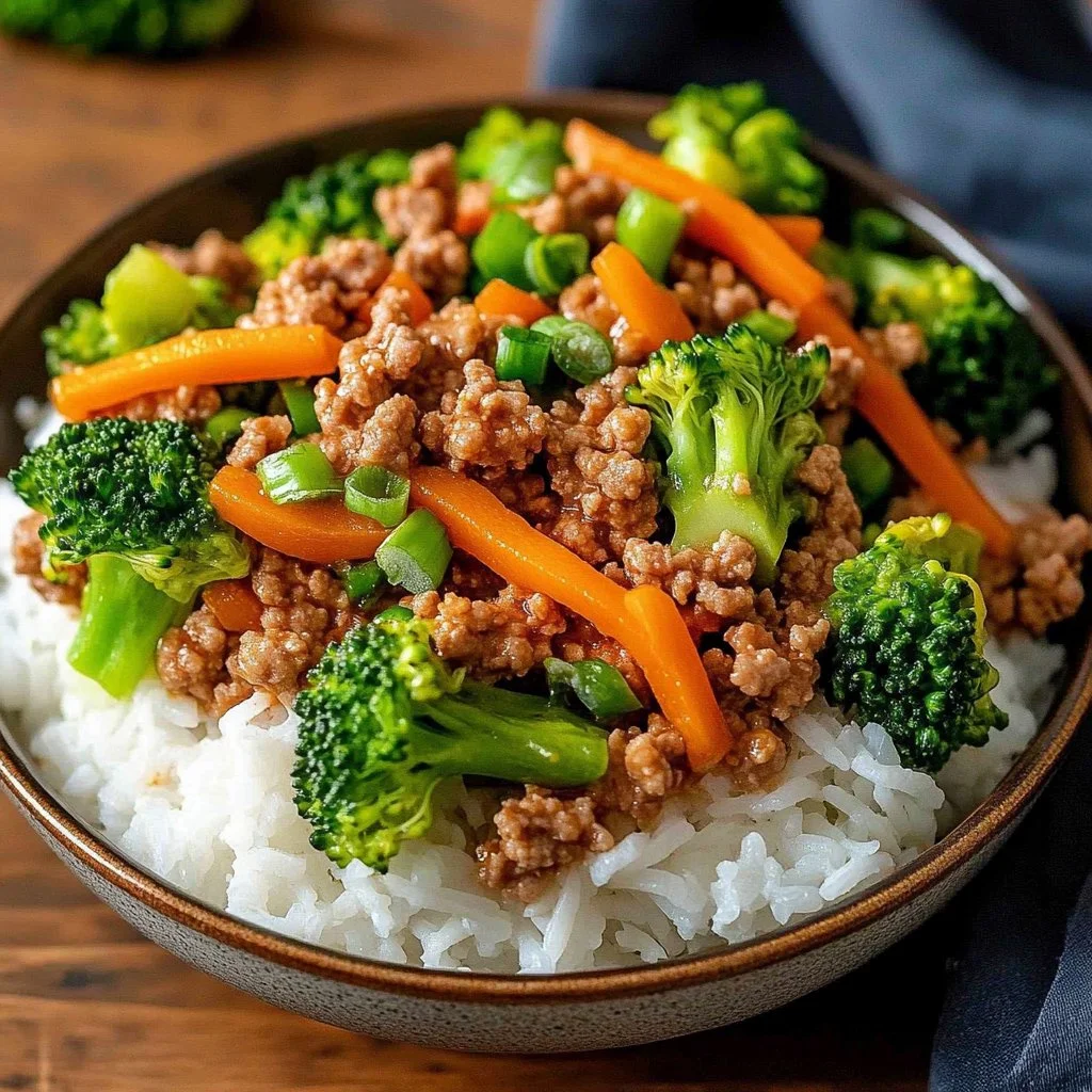 Plate of Teriyaki Ground Turkey with Broccoli garnished with sesame seeds