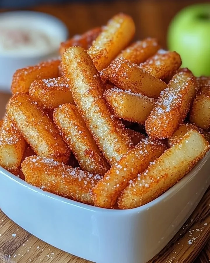 Crispy Air Fryer Apple Fries served in a bowl with a dipping sauce.