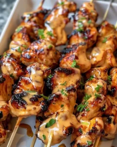 Air Fryer Bang Bang Chicken Skewers served on a plate with dipping sauce.