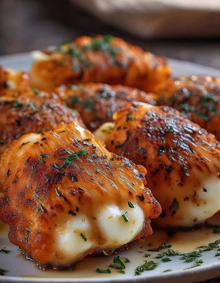 Air fryer buffalo chicken mozzarella sticks ready to serve.