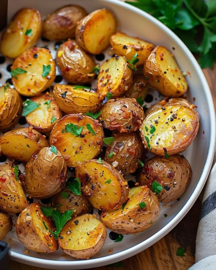 Crispy air fryer mustard roast potatoes served on a plate