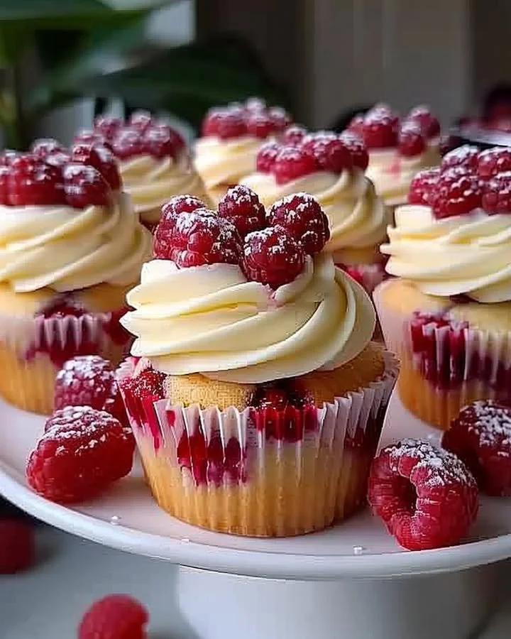 Almond wedding cake cupcakes with raspberry filling on a decorative platter