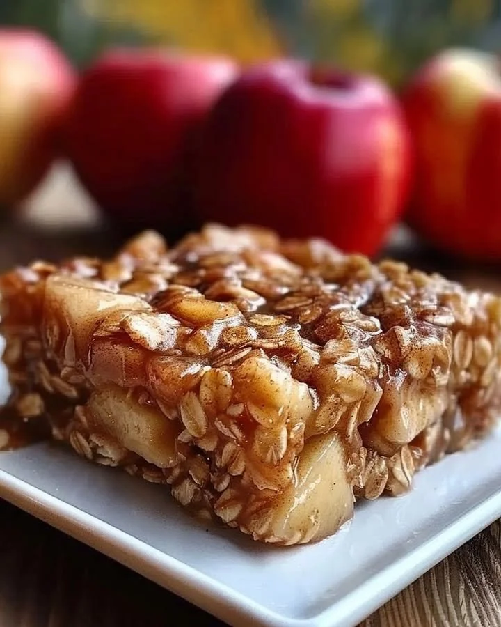 Delicious Apple Cinnamon Baked Oatmeal served in a bowl, topped with apples and cinnamon.