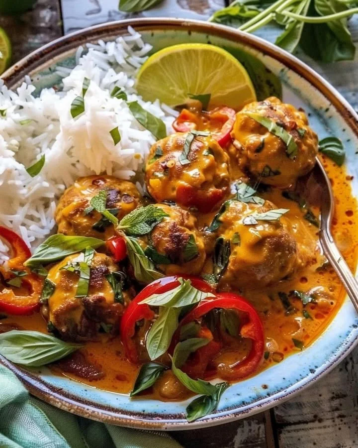 Delicious Asian-Style Chicken Meatball Curry served with rice and fresh herbs