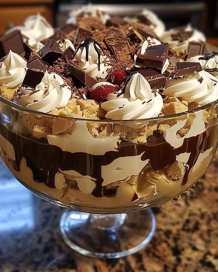 Delicious Baileys Chocolate Cheesecake Trifle with layers of creamy chocolate and cheesecake