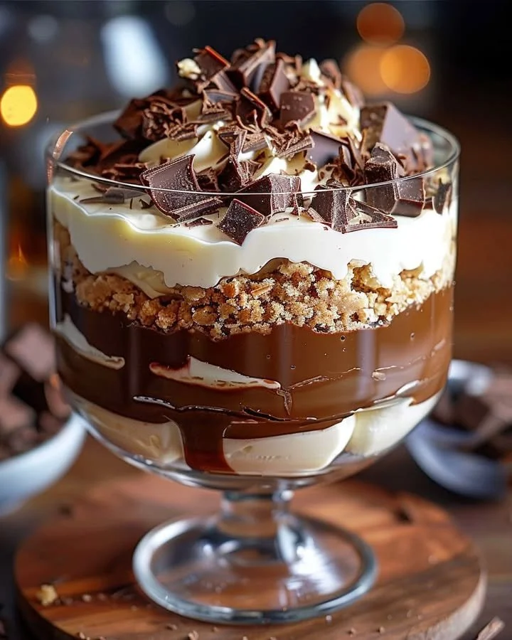Delicious Baileys infused chocolate cheesecake trifle served in a glass.