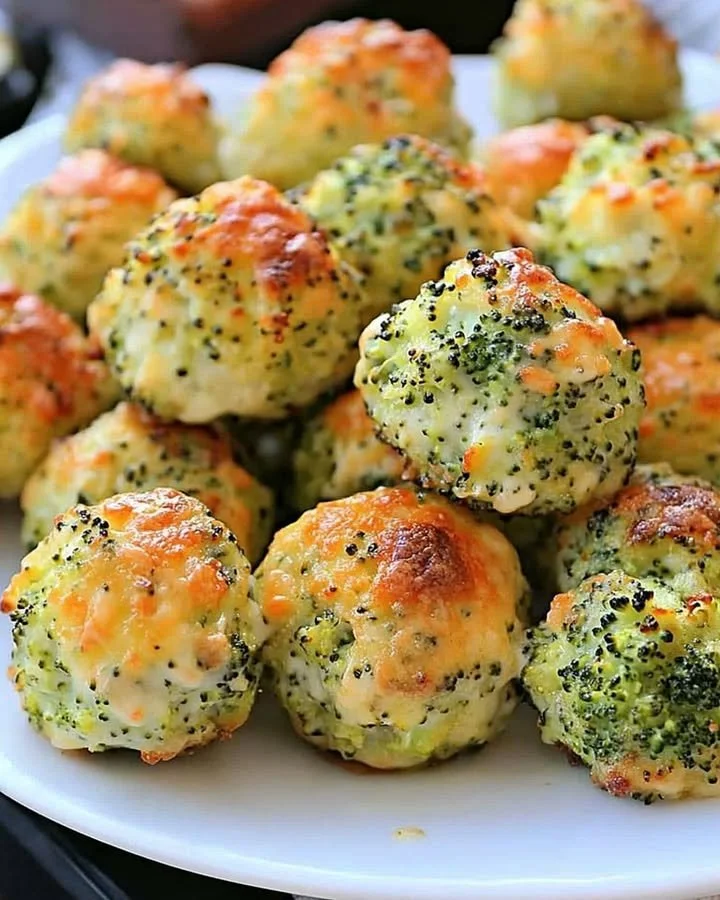 Baked Broccoli Cheese Balls served on a plate, garnished with herbs.