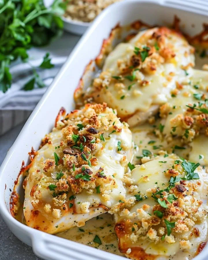 Delicious Baked Caesar Chicken served with fresh greens and dressing