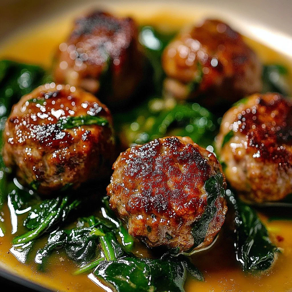 Baked chicken ricotta meatballs served with spinach Alfredo sauce