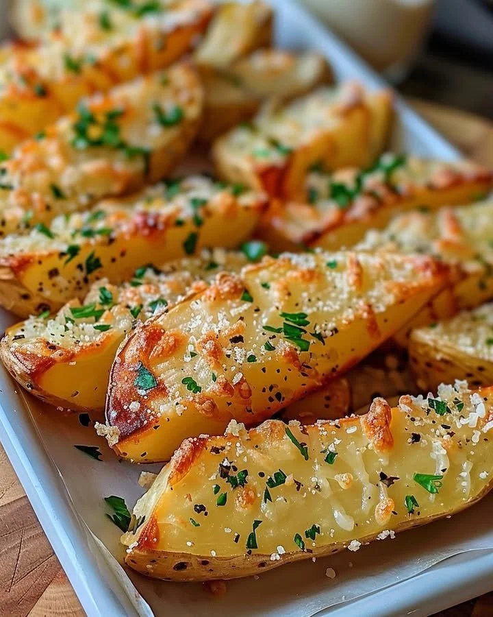 Baked garlic parmesan potato wedges with herbs and spices