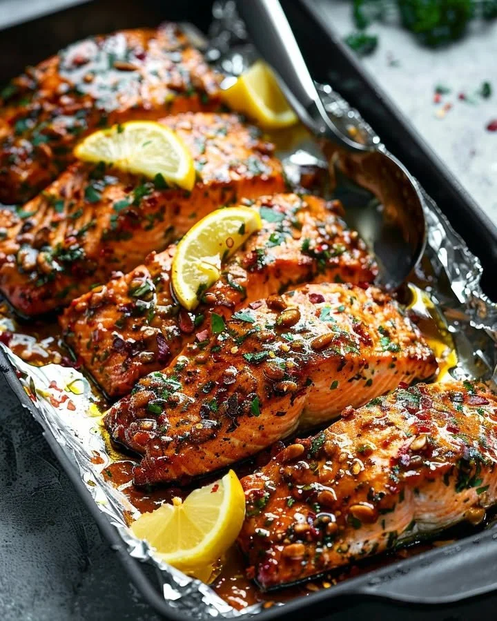 Baked honey garlic salmon served with vegetables on a plate