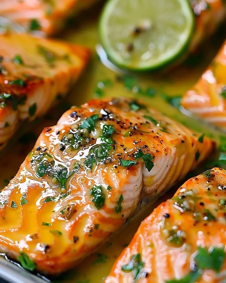 Baked Honey Lime Garlic Butter Salmon dish garnished with lime slices and herbs