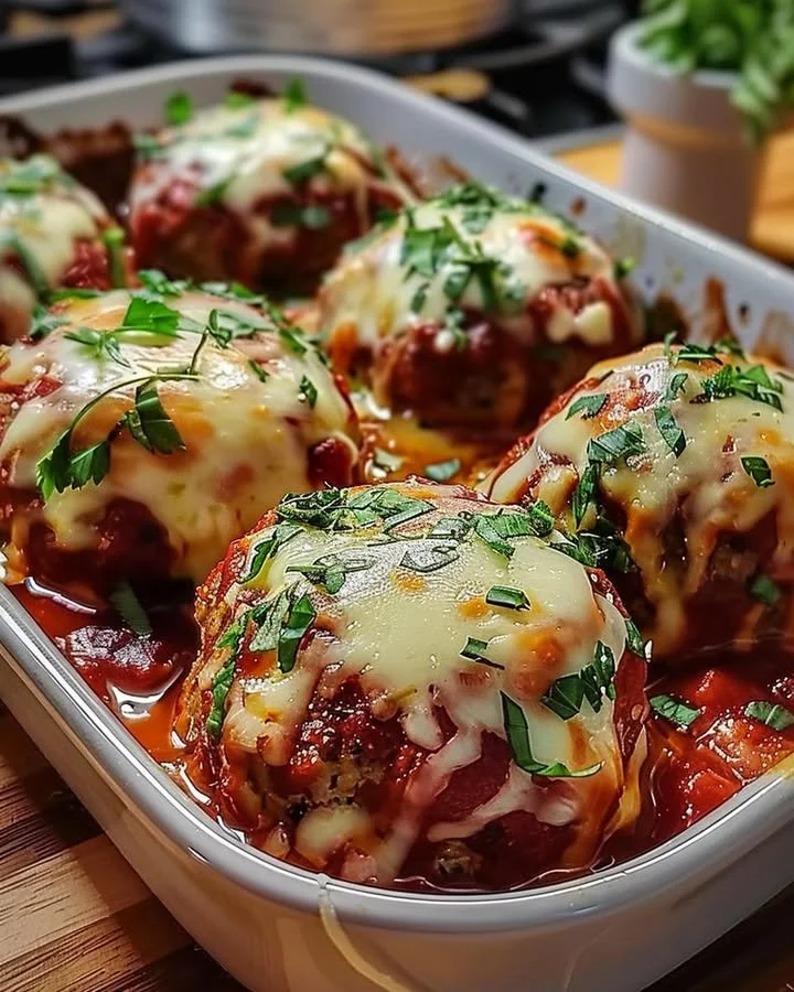 Baked mozzarella stuffed meatballs with marinara sauce and herbs