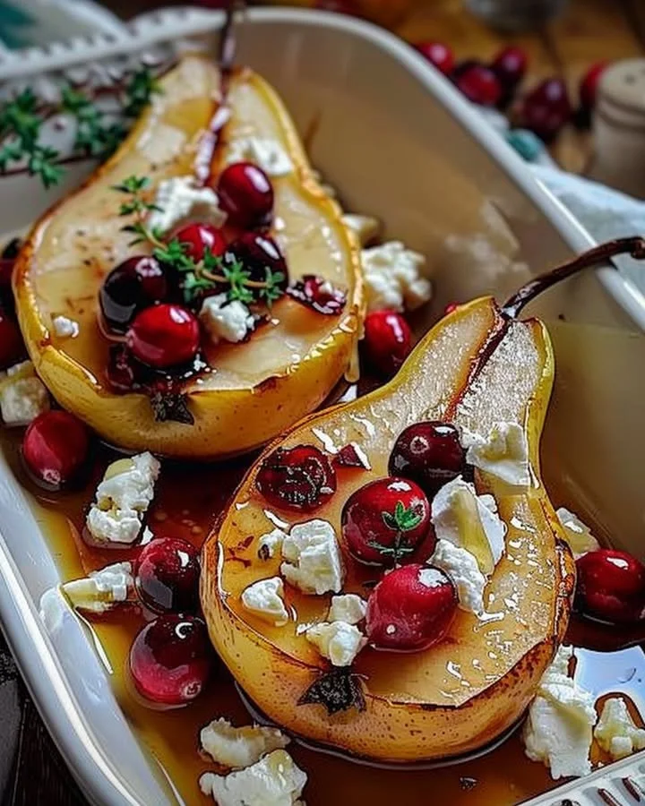 Baked pears with feta, honey, and cranberries on a serving plate