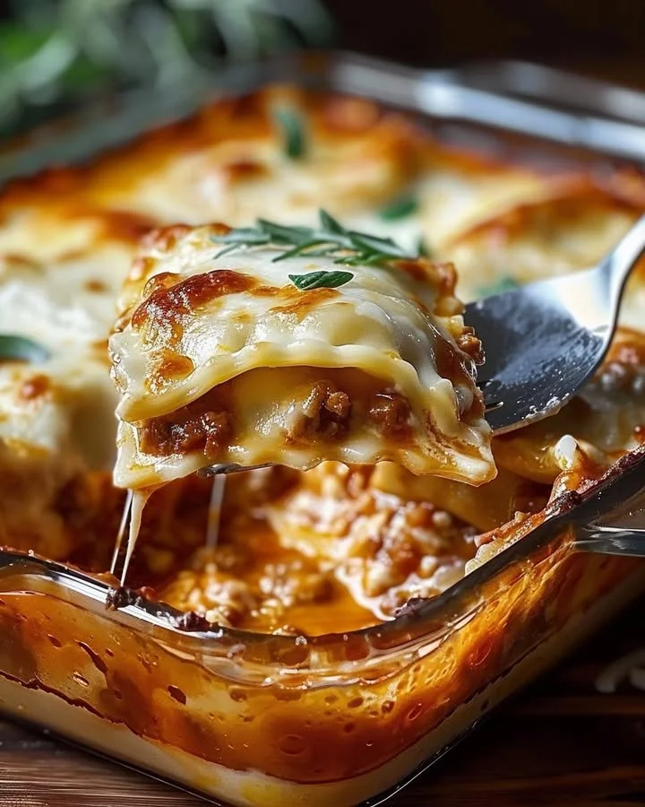 Delicious Baked Ravioli Casserole garnished with herbs