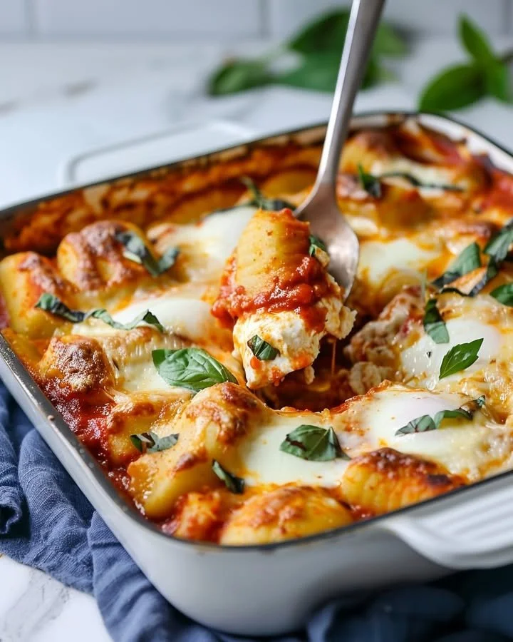 Delicious baked ricotta gnocchi served with fresh herbs and sauce
