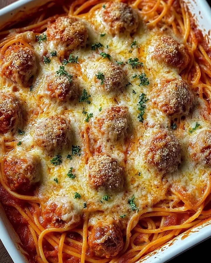 Delicious baked spaghetti meatballs served in a dish with marinara sauce and cheese