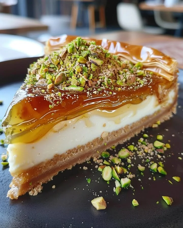 Delicious baklava cheesecake topped with nuts and honey syrup.