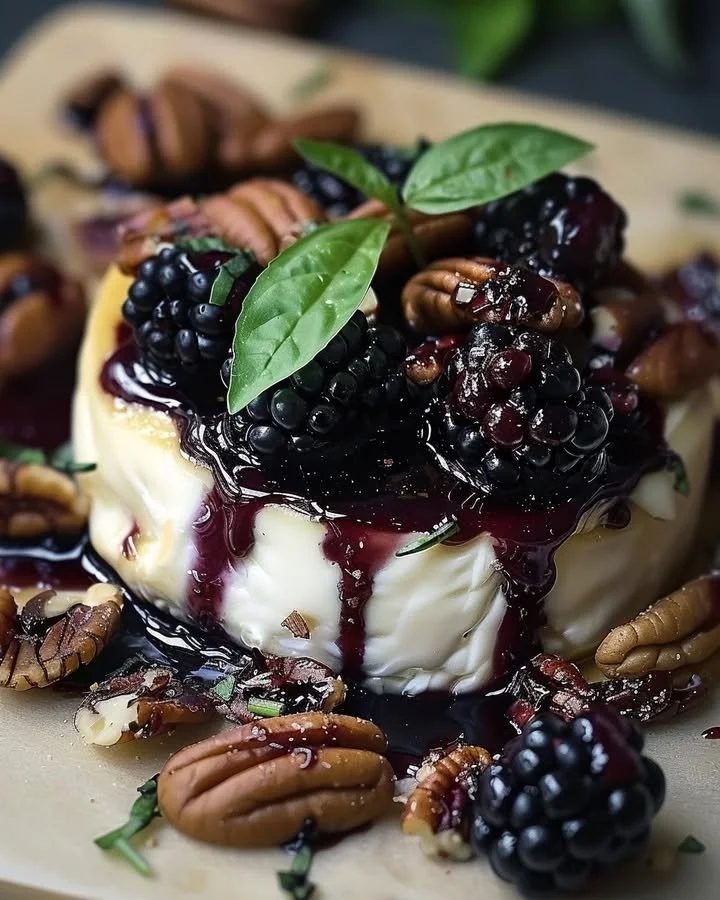 Balsamic Glazed Blackberry and Basil Brie with Candied Pecans on a serving platter