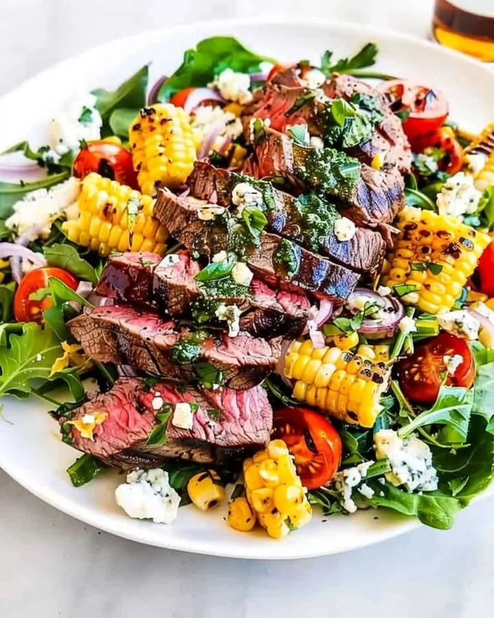 Balsamic Steak Gorgonzola Salad with Grilled Corn on a plate