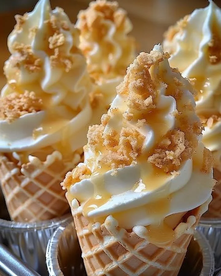 Delicious banana pudding cheesecake cones served in waffle cones.
