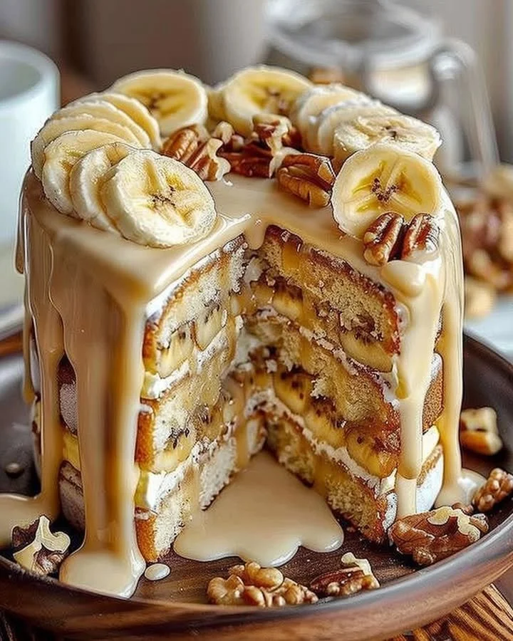 Banana Walnut Dream Cake topped with walnuts and a banana slice.