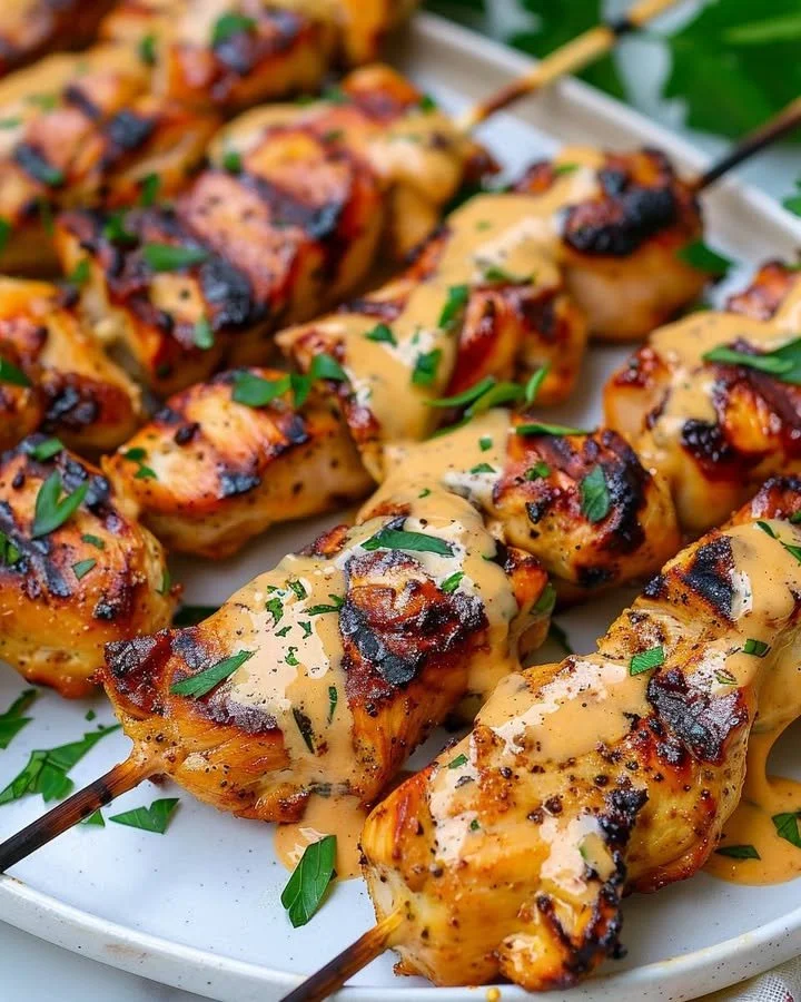 Grilled Bang Bang Chicken Kebabs with spicy sauce