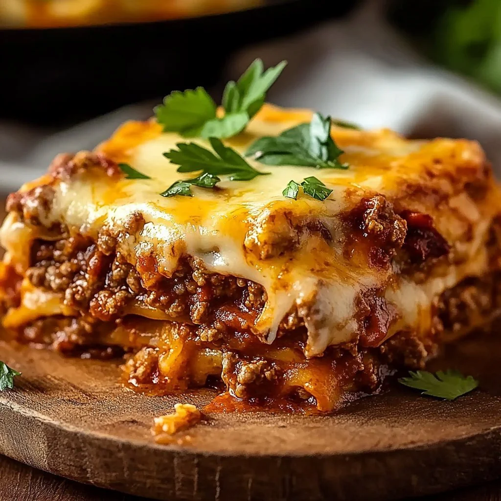 Delicious beef enchilada casserole topped with melted cheese and fresh ingredients